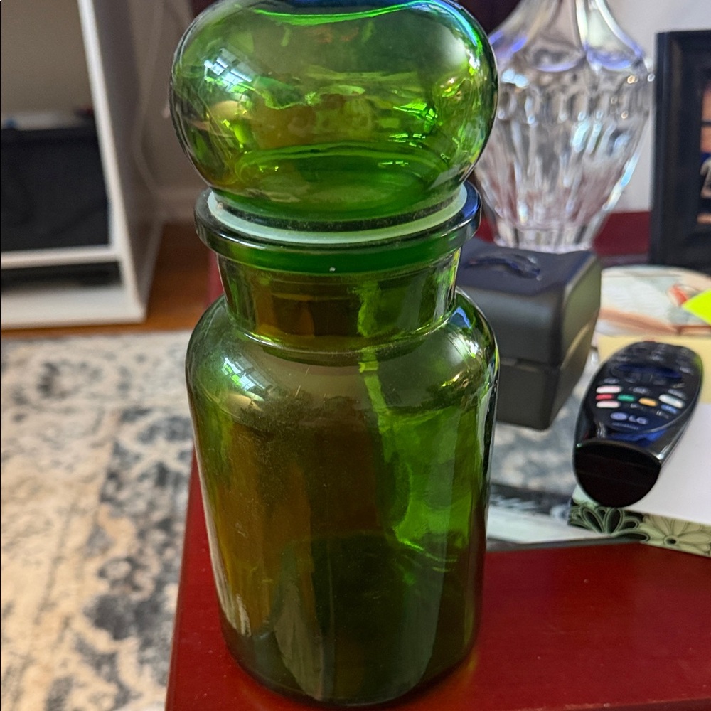 Green Glass Storage Jar, vintage apothecary jar made in Belgium